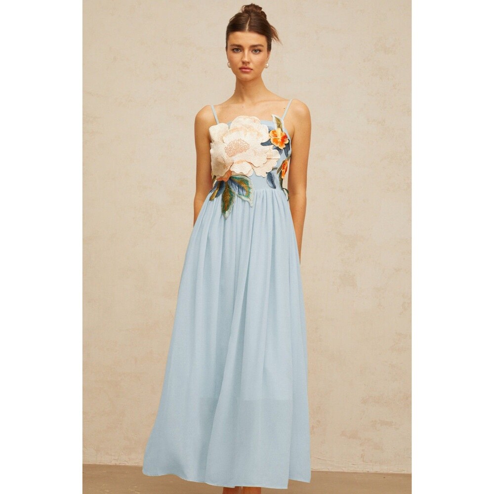 NWT Miss Rosier Josette Floral Embroidered Maxi Dress Blue Size L Large NEW